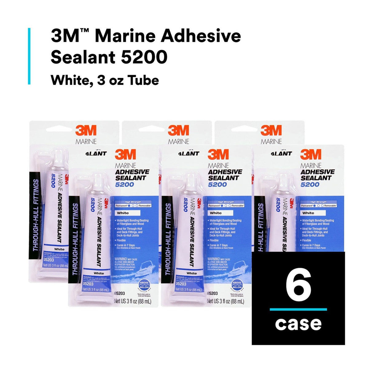 3M 5200 5203 Marine Adhesive Sealant White, 3 fl oz Tube, Permanent Waterproof Bond for Boats and RVs Above and Below Waterline (7000118401)  - (6Pack) - 9