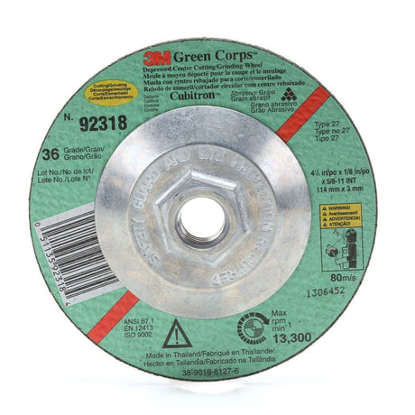 3M 92316 Green Corps Cutting Grinding Wheel, T27, Ceramic, 4-1/2 in x 1/8 in x 7/8 in, 36 Grit, Green, 13300 rpm (7000118488) (40 Pack)
