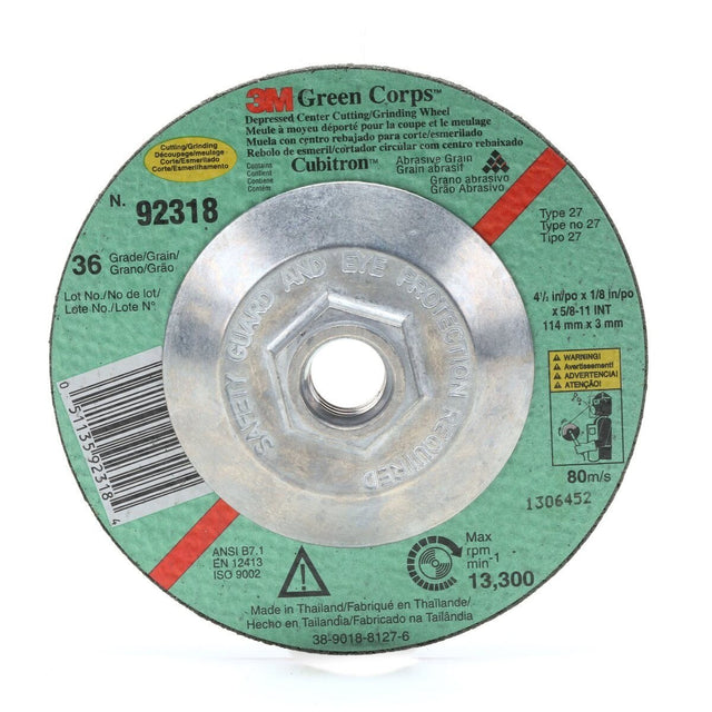 3M 92316 Green Corps Cutting Grinding Wheel, T27, Ceramic, 4-1/2 in x 1/8 in x 7/8 in, 36 Grit, Green, 13300 rpm (7000118488) (40 Pack)