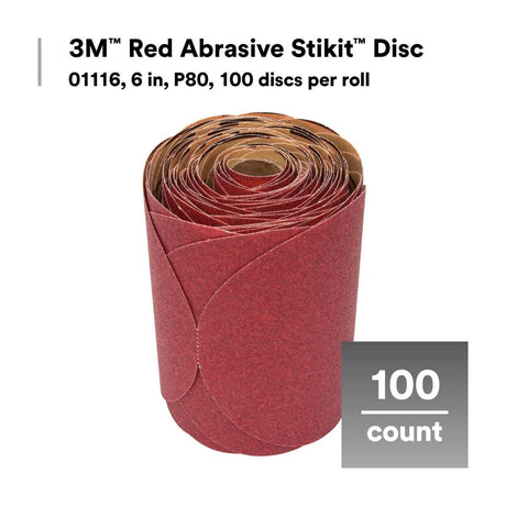 3M 316U 01116 Stikit Red Abrasive Disc, 6 in, P80, Aluminum Oxide, PSA, Red (7000119773) (100 Pack) - 6