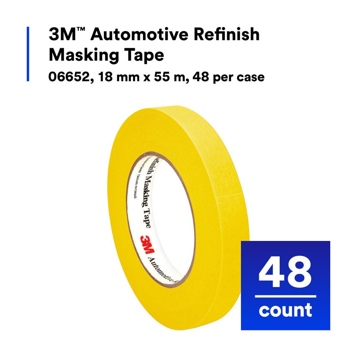 3M 388N 06652 Automotive Refinish Masking Tape, Yellow, Crepe Paper, 18 mm x 55 m, Moisture and Solvent Resistant (7000119815)  - (48Pack) - 8