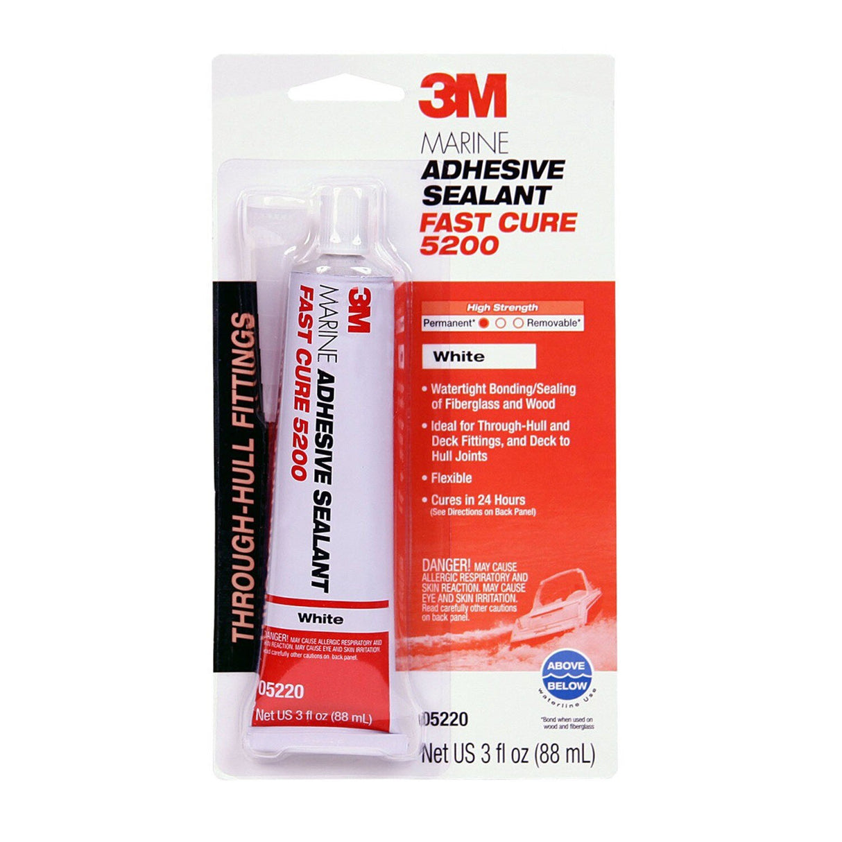 3M 5200FC Marine Adhesive Sealant Fast Cure, White, 3 fl oz Tube, Above/Below Waterline (5220) (7000120490)  - (6Pack)