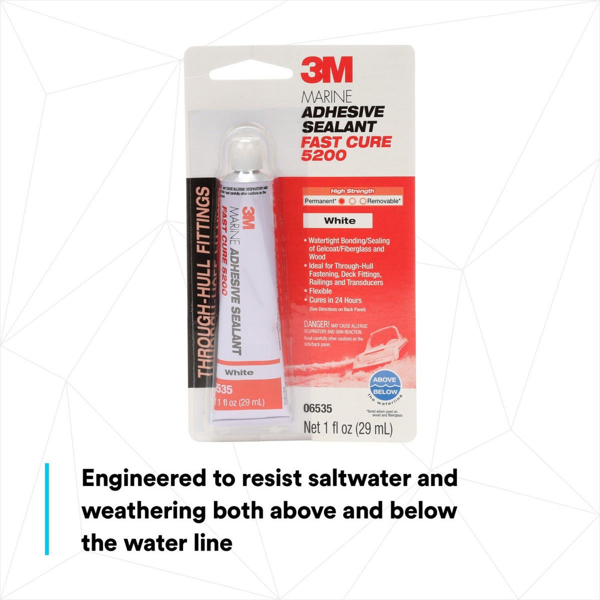 3M 5200FC Marine Adhesive Sealant Fast Cure, White, 3 fl oz Tube, Above/Below Waterline (5220) (7000120490)  - (6Pack) - 7
