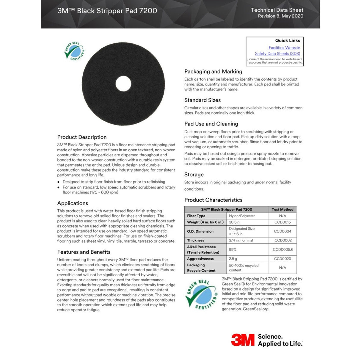 3M 7200 Black Stripper Floor Pad, 15 in x 3/4 in, Round Center Hole, Nylon/Polyester, 175-600 RPM (7000120628) (5 Pack) - 2