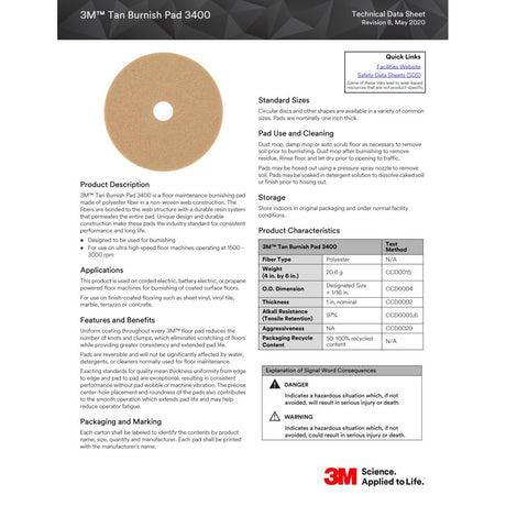 3M 3400 Tan Burnish Pad, Ultra High Speed Burnishing Floor Pad, Fine, Tan, 19 in (7000120648) (5 Pack) - 2
