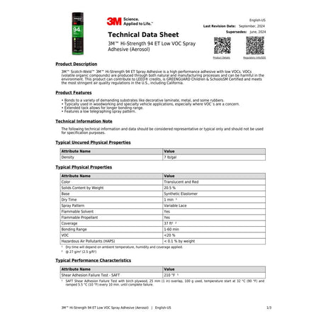 3M 94ET Hi-Strength Spray Adhesive, Low VOC <20%, Clear, 24 fl oz (Net Wt 19.75 oz), Wood, Metal, Rubber, Laminate, Carpet, Flooring, Foam, Fabric, Glass, Plastic (7000121417)  - (12Pack) - 2