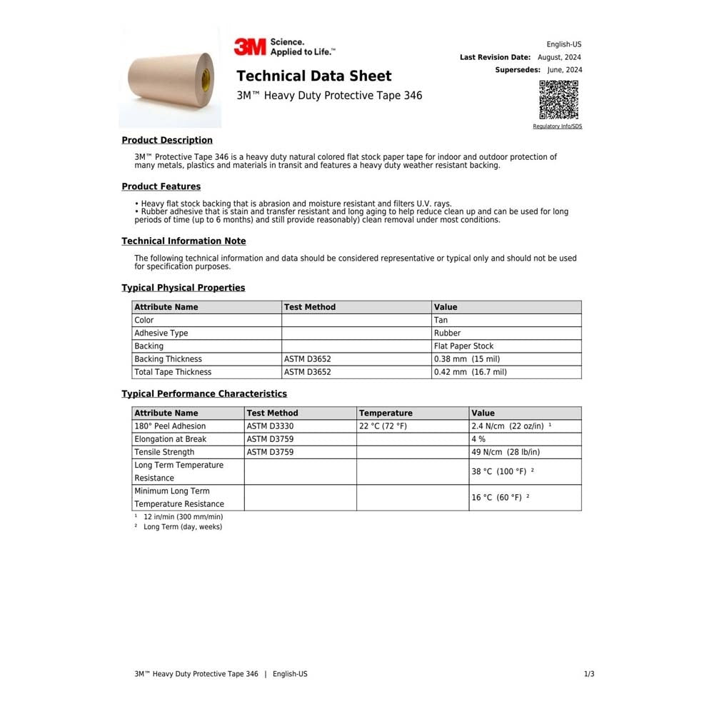 3M 346 Heavy Duty Protective Tape , Tan, 18 in x 60 yd, 16.7 mil (7000123304) - 3
