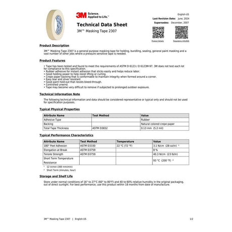 3M 2307 Masking Tape , Tan, 18 mm x 55 m, 5.2 mil (7000123530) (48 Pack) - 10