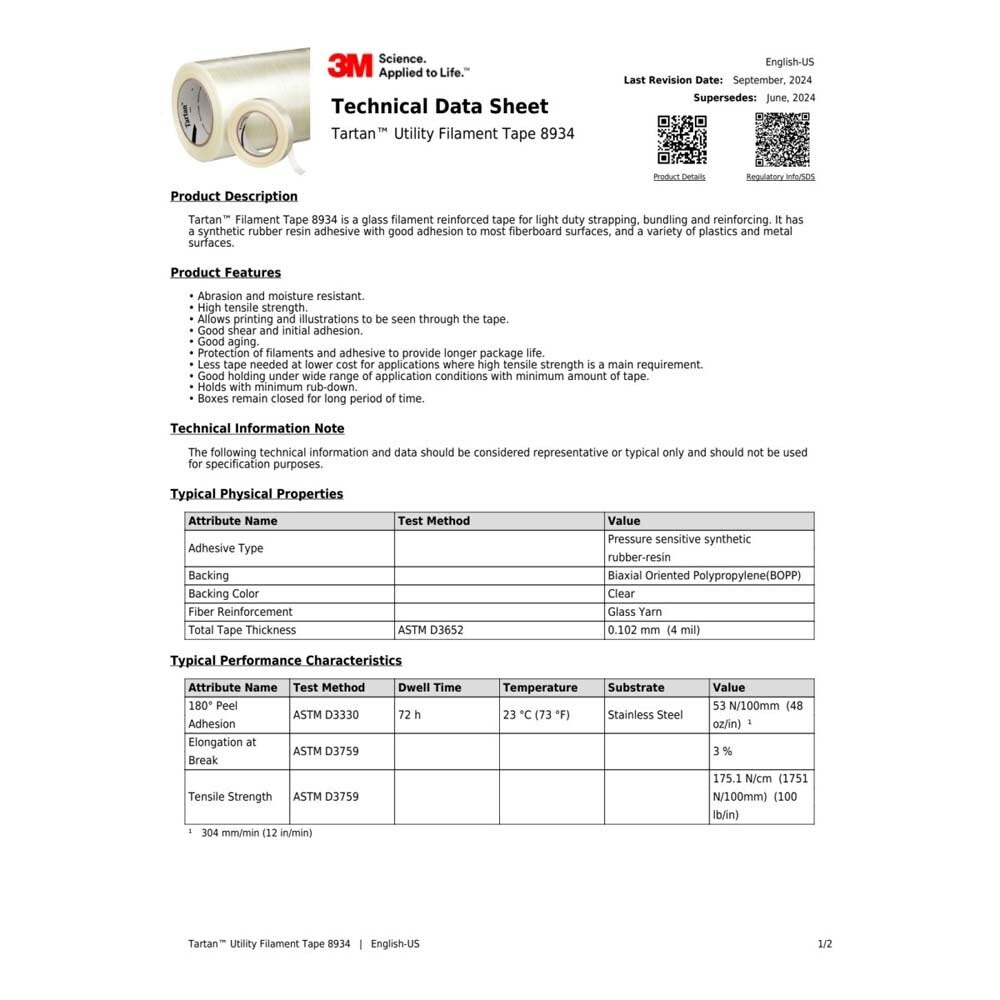 3M 8934 Tartan Filament Tape , Clear, 72 mm x 55 m, 4 mil (7000123734) (12 Pack) - 7