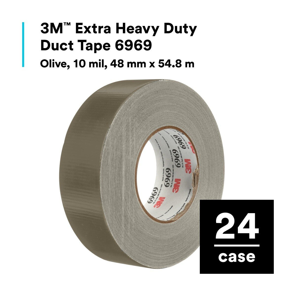 3M 6969 Extra Heavy Duty Duct Tape, Olive, Industrial Strength, Water Resistant, 10 mil, 48 mm x 54.8 m (7000123814)  - (24Pack) - 2