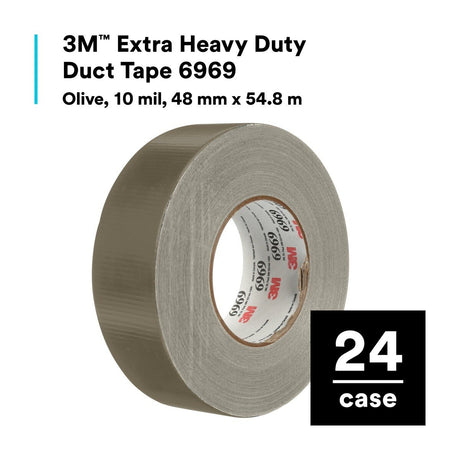 3M 6969 Extra Heavy Duty Duct Tape, Olive, Industrial Strength, Water Resistant, 10 mil, 48 mm x 54.8 m (7000123814)  - (24Pack) - 2