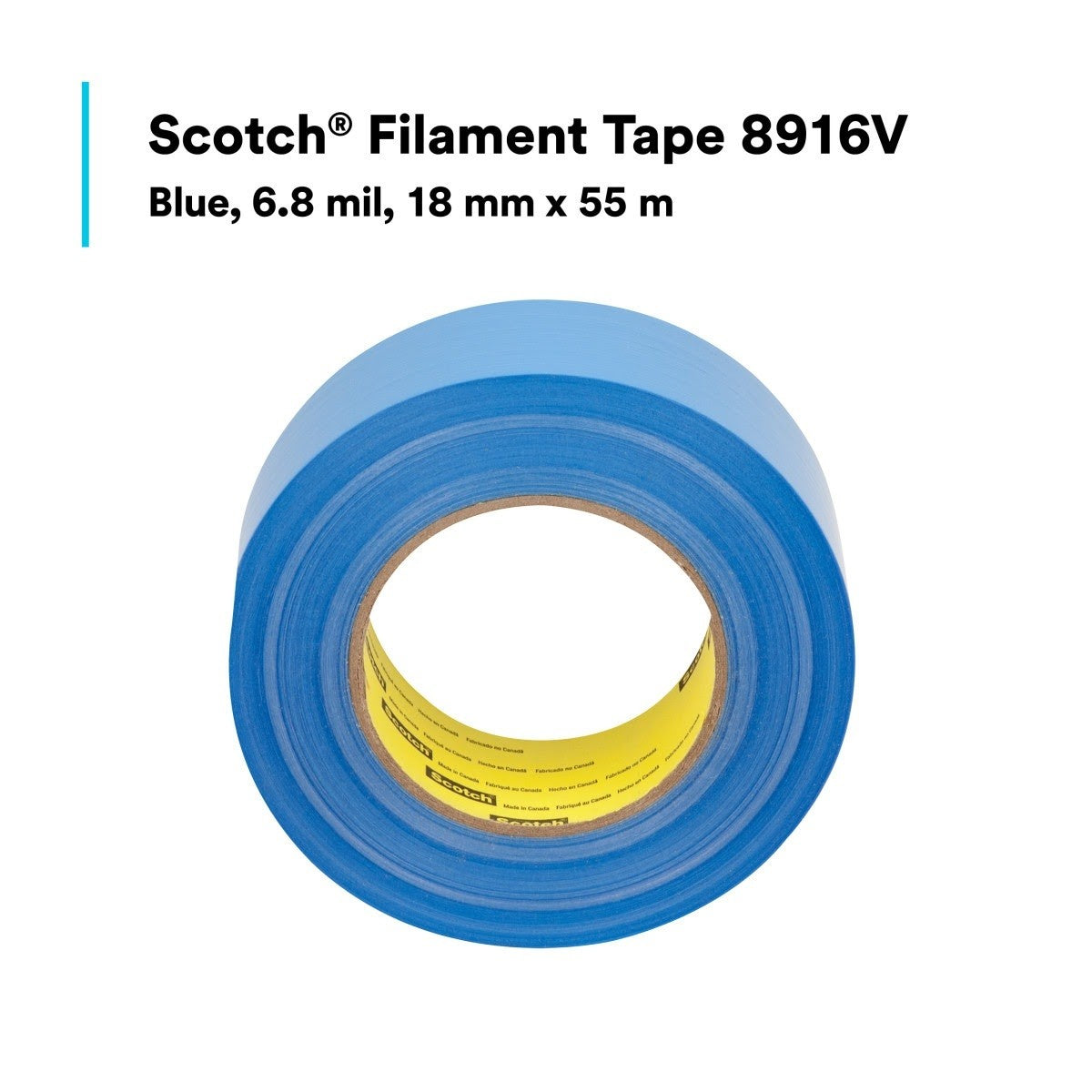 3M 8916V Scotch Filament Tape, Blue, 18 mm x 55 m, 6.8 mil, 6.8 mil (7000123853) (48 Pack) - 3