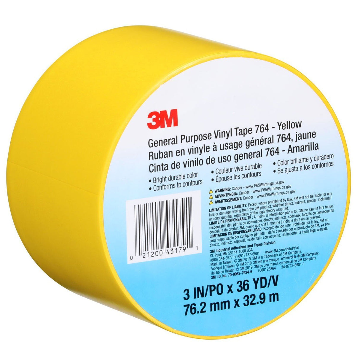 3M 764 General Purpose Vinyl Tape, Yellow, 3 in x 36 yd, 5 mil (43179) (7000123864)  - (12Pack) - 7