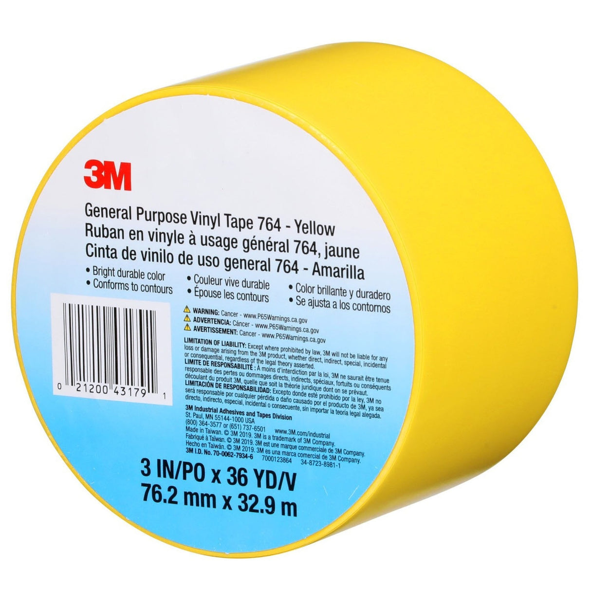 3M 764 General Purpose Vinyl Tape, Yellow, 3 in x 36 yd, 5 mil (43179) (7000123864)  - (12Pack) - 8