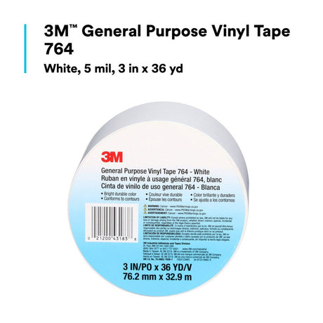 3M 764 43183 General Purpose Vinyl Tape, White, 5 mil, 3 in x 36 yd, Floor Marking, Color Coding (7000123865)  - (12Pack) - 9