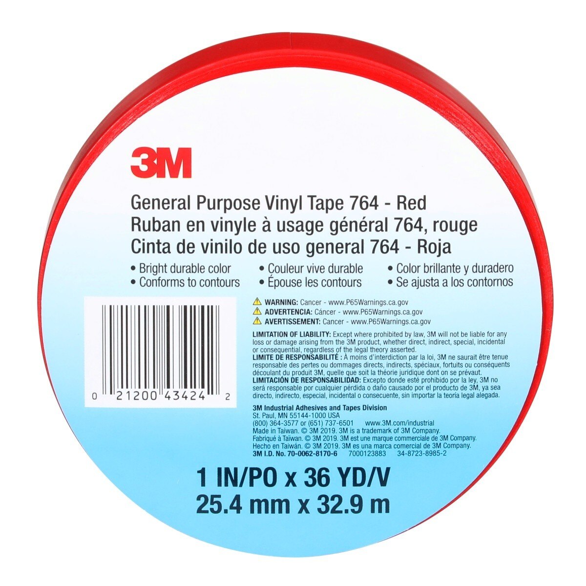 3M 764 General Purpose Vinyl Tape, Red, 5 mil, 1 in x 36 yd (43424) (7000123883)  - (36Pack) - 9