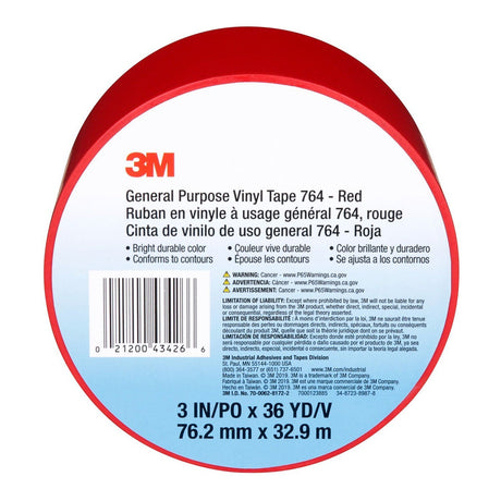 3M 764 General Purpose Vinyl Tape, Red, 3 in x 36 yd (7000123885)  - (12Pack) - 7