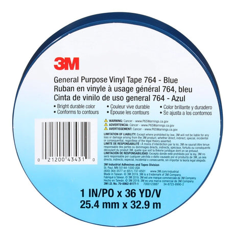 3M 764 General Purpose Vinyl Tape, Blue, 1 in x 36 yd, 5 mil (43431) (7000123887)  - (36Pack) - 6