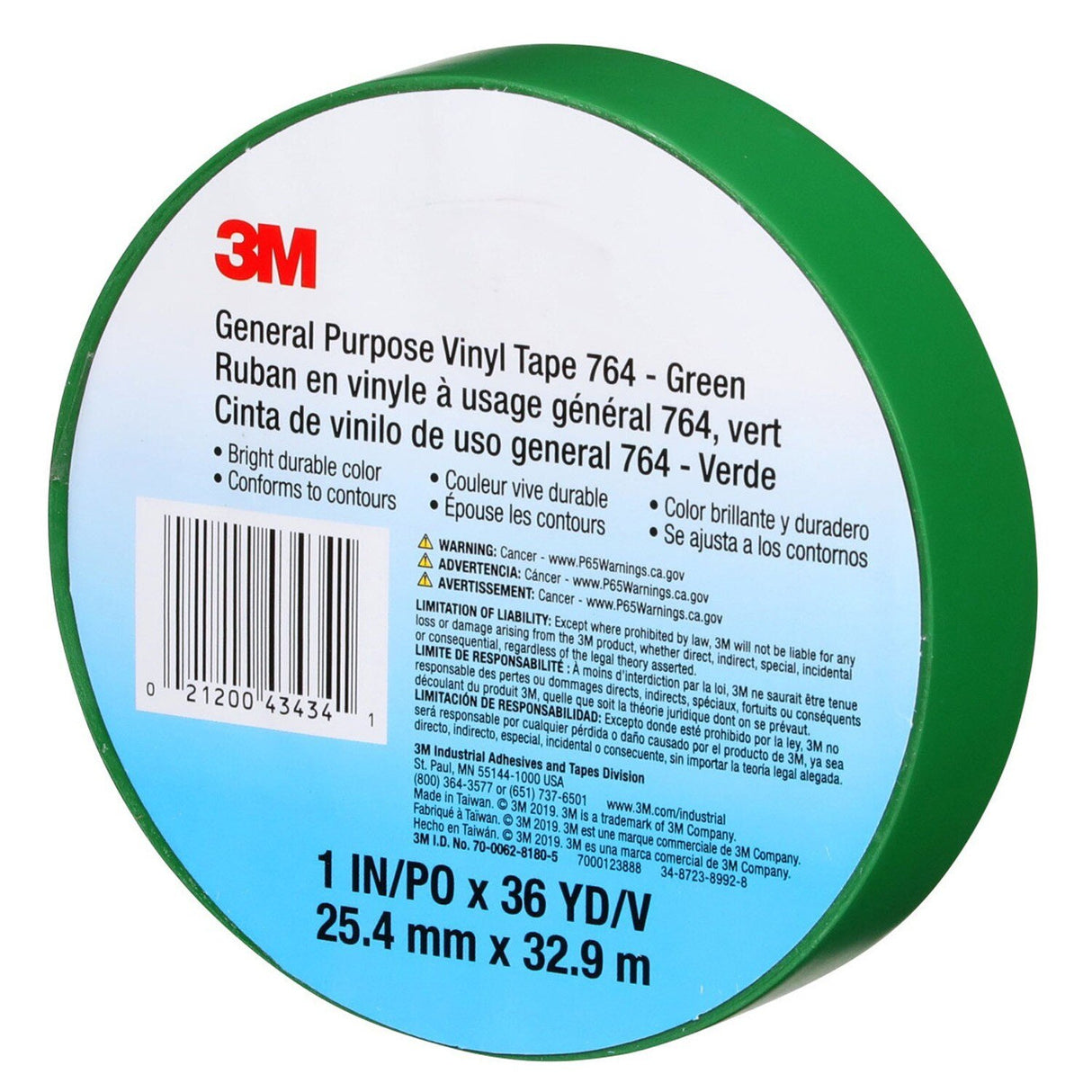 3M 764 General Purpose Vinyl Tape, Green, 1 in x 36 yd, 5 mil (43434) (7000123888)  - (36Pack) - 9