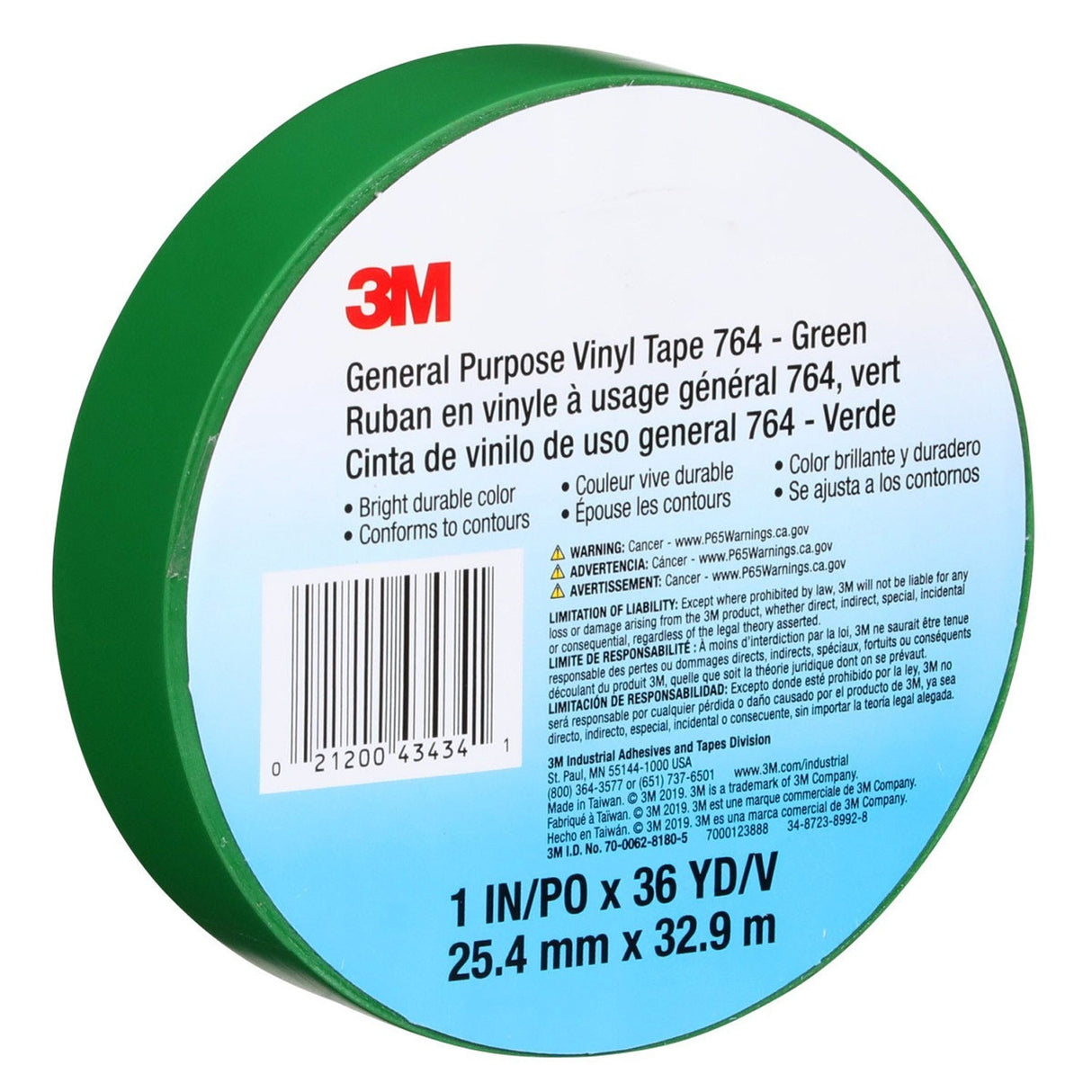 3M 764 General Purpose Vinyl Tape, Green, 1 in x 36 yd, 5 mil (43434) (7000123888)  - (36Pack) - 10