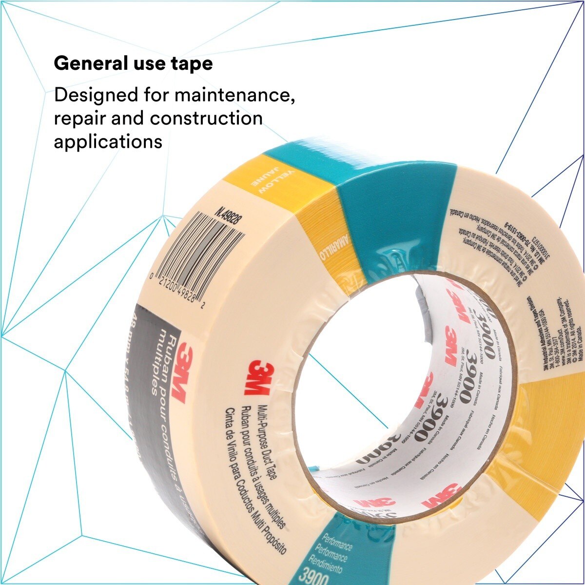 3M 3900 Multi-Purpose Duct Tape, Rubber Adhesive, Water Resistant, Yellow, 48 mm x 54.8 m, 7.6 mil (7000124007)  - (24Pack) - 2