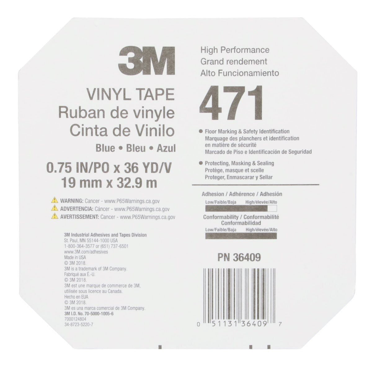 3M Vinyl Tape 471 Blue 5.2 mil 3/4 in x 36 yd 48 Rolls Case (471) (7000124804)  - (48Pack) - 9