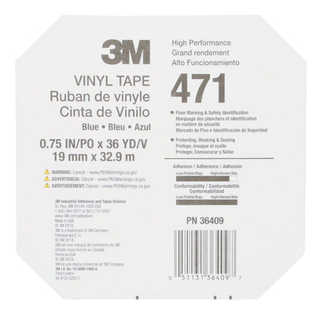 3M Vinyl Tape 471 Blue 5.2 mil 3/4 in x 36 yd 48 Rolls Case (471) (7000124804)  - (48Pack) - 9
