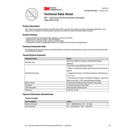 3M 6145 Water Activated Paper Tape , Natural, Light Duty Reinforced, 72 mm x 450 ft (7000124806) (10 Pack) - 3