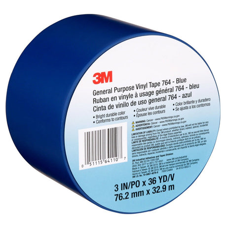 3M 764 Vinyl Tape General Purpose Blue 3 in x 36 yd Light Traffic Floor Marking Tape for Color Coding and Safety (7000124864)  - (12Pack) - 7