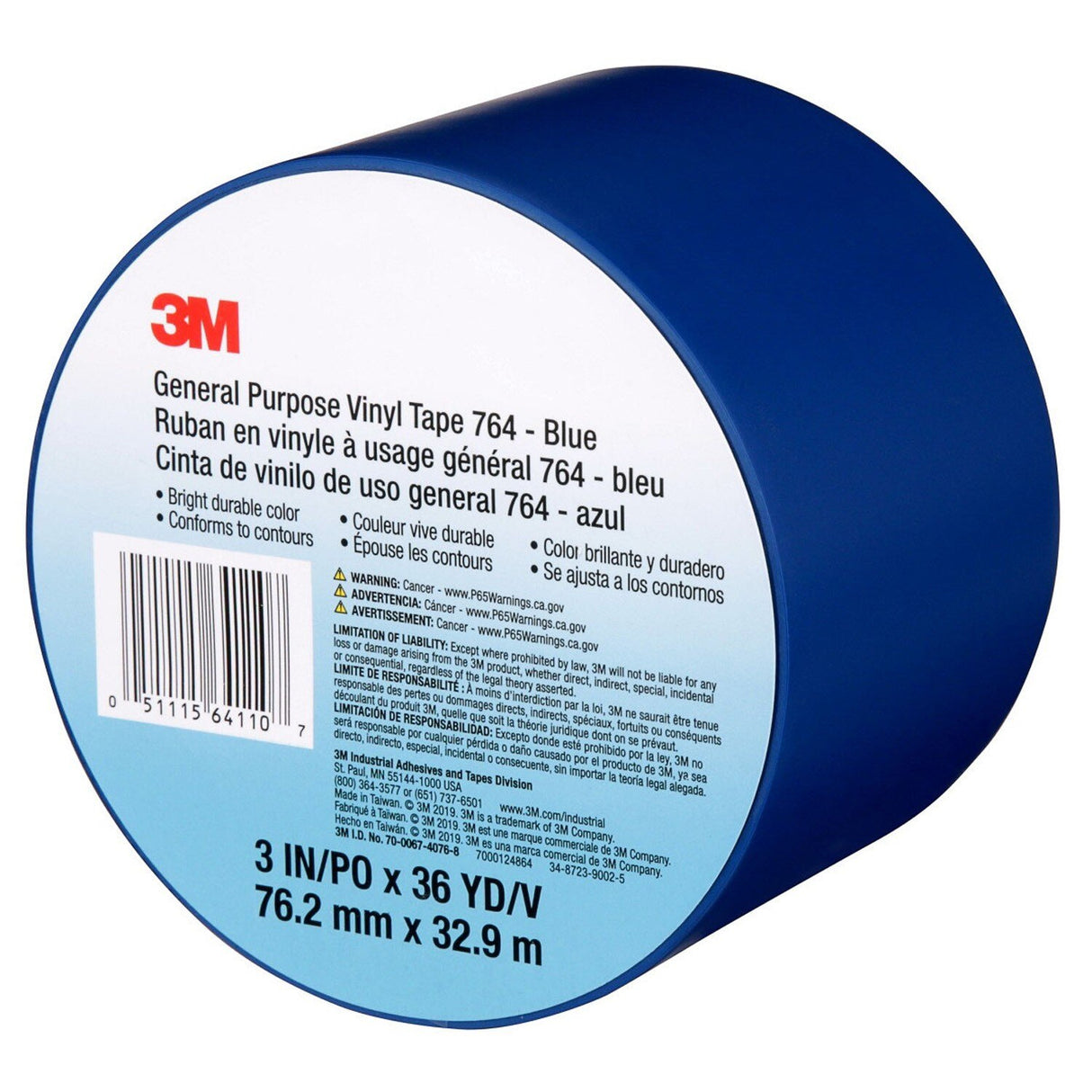 3M 764 Vinyl Tape General Purpose Blue 3 in x 36 yd Light Traffic Floor Marking Tape for Color Coding and Safety (7000124864)  - (12Pack) - 8