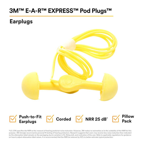 3M E-A-R Express Pod Plugs Corded Push-to-Fit Earplugs, Assorted Color Grips, Pillow Pack, NRR 25 dB (7000127179) (100 Pair)  - (4Pack) - 7