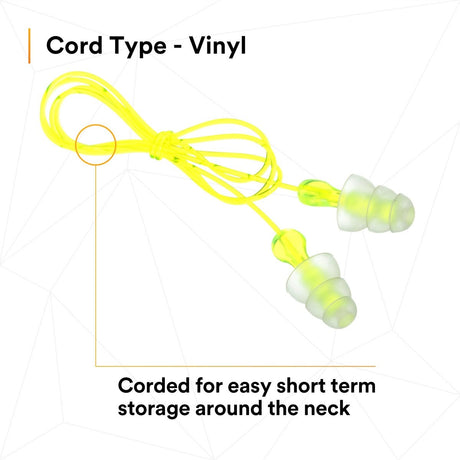 3M P3000 Tri-Flange Earplugs, Corded, Reusable, NRR 26 dB, Transparent with Yellow Vinyl Cord (7000127187) (400 Pack) - 7