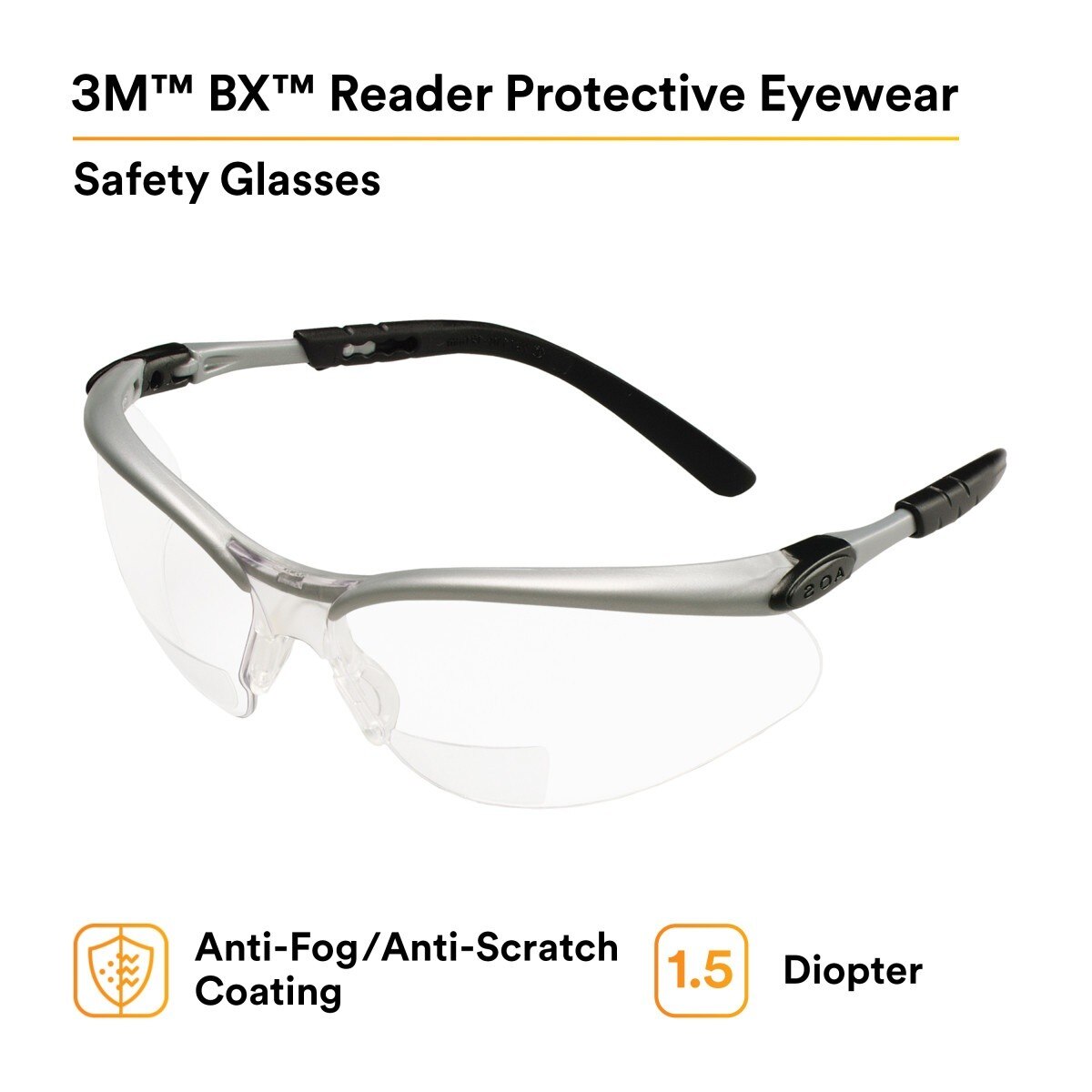 3M 11374-00000-20 BX Reader Safety Glasses, +1.5 Diopter, Anti Fog Anti Scratch Clear Lens, Silver Frame (7000127490) (1 Pair)  - (20Pack) - 2