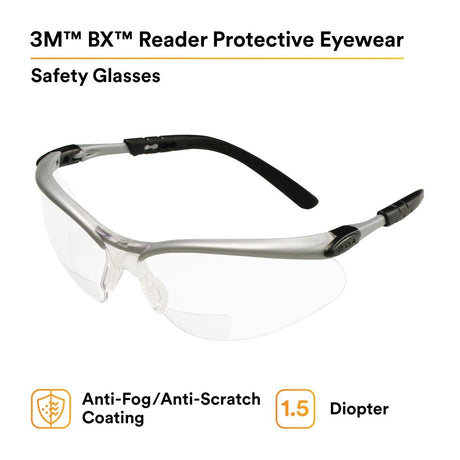 3M 11374-00000-20 BX Reader Safety Glasses, +1.5 Diopter, Anti Fog Anti Scratch Clear Lens, Silver Frame (7000127490) (1 Pair)  - (20Pack) - 2