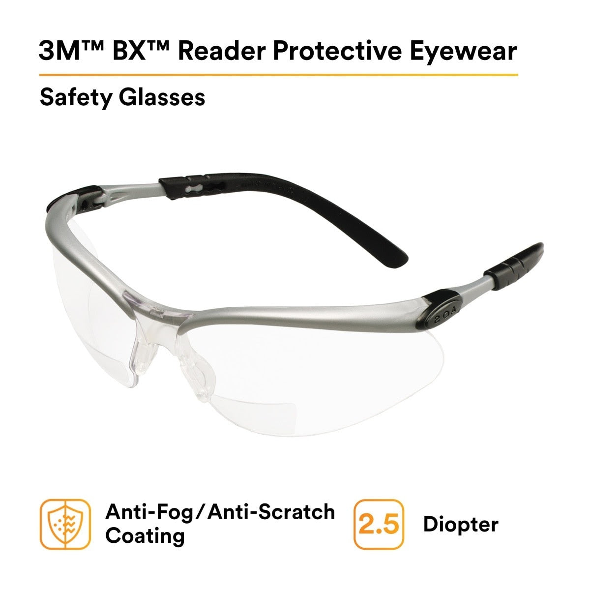 3M 11376-00000-20 Safety Glasses with Readers, BX, 2.5 Diopter, ANSI Z87, Anti-Fog Anti-Scratch Clear Lens, Silver Frame, Adjustable Temples and Lens Angle (7000127491) (1 Pair)  - (20Pack) - 5