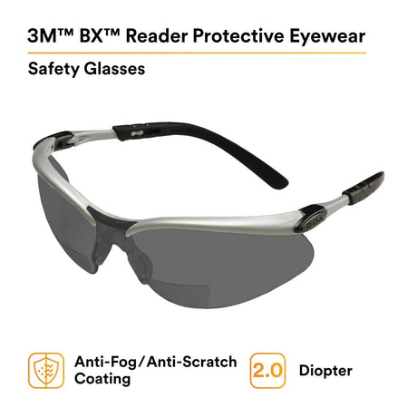 3M 11378-00000-20 Safety Glasses with Readers, +2.0 Diopter, ANSI Z87, Anti-Fog Anti-Scratch Gray Lens, Silver Frame, Adjustable Length Temples and Lens Angle (7000127493)  - (20Pack) - 2