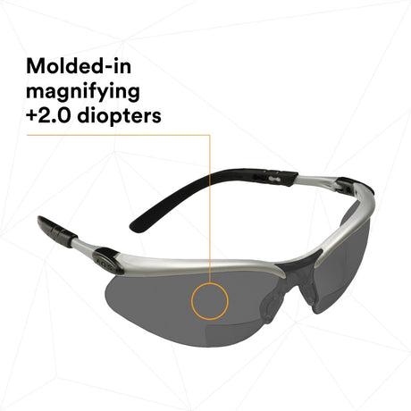 3M 11378-00000-20 Safety Glasses with Readers, +2.0 Diopter, ANSI Z87, Anti-Fog Anti-Scratch Gray Lens, Silver Frame, Adjustable Length Temples and Lens Angle (7000127493)  - (20Pack) - 3