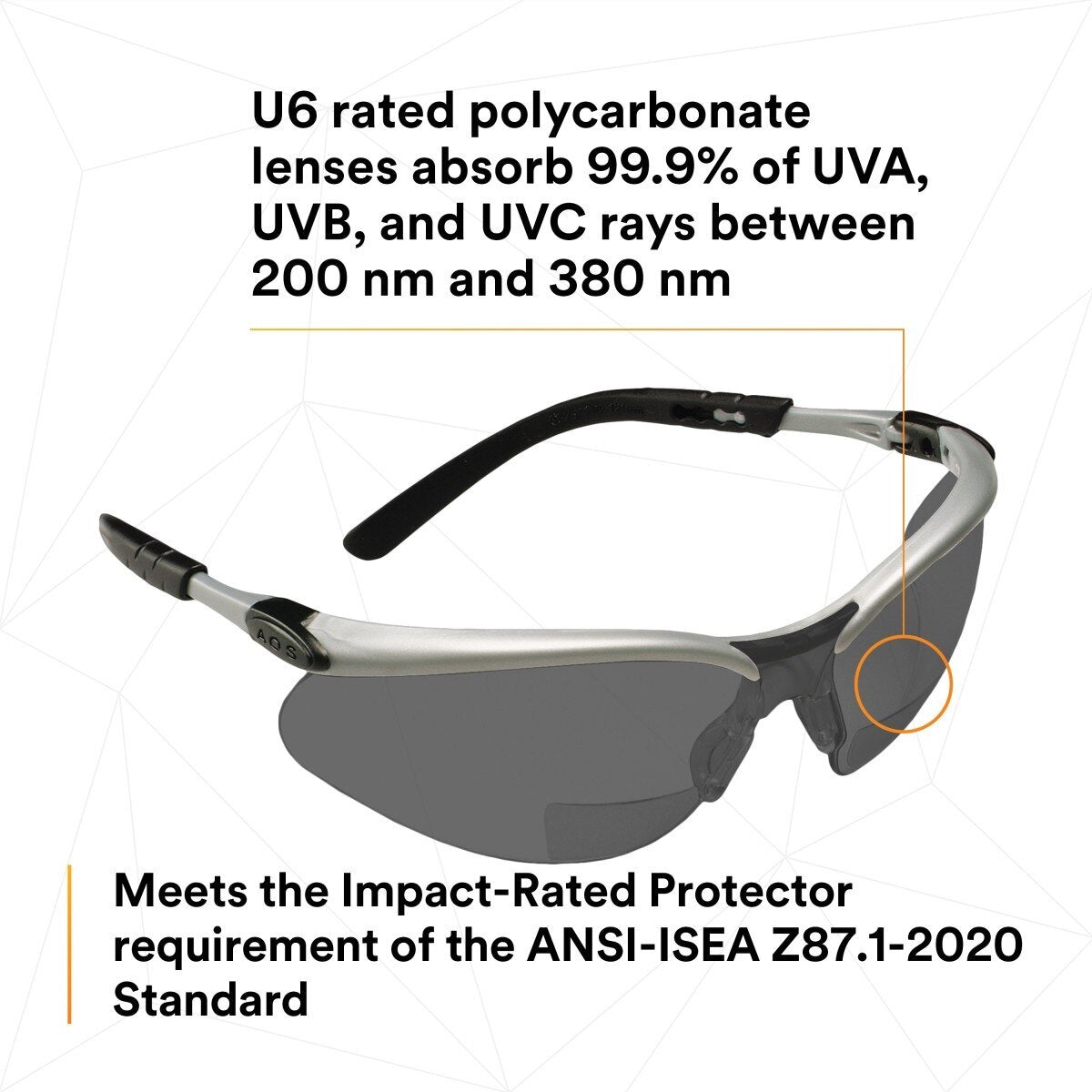 3M 11378-00000-20 Safety Glasses with Readers, +2.0 Diopter, ANSI Z87, Anti-Fog Anti-Scratch Gray Lens, Silver Frame, Adjustable Length Temples and Lens Angle (7000127493)  - (20Pack) - 6