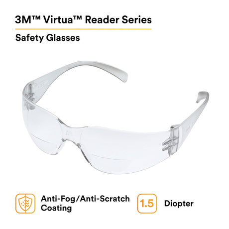 3M 11513-00000-20 Virtua Safety Glasses with Readers, +1.5 Diopter, Anti-Fog Clear Lens, Clear Frame (7000127511)  - (20Pack) - 2