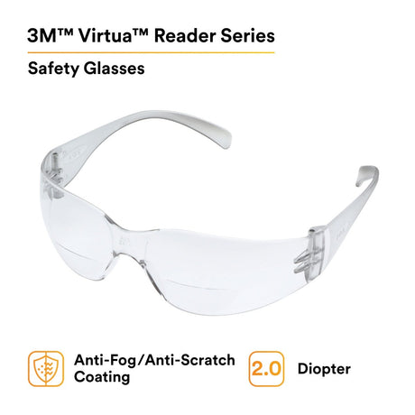 3M 11514-00000-20 Virtua Safety Glasses with Readers, +2.0 Diopter, Clear Anti-Fog Polycarbonate Lens, Clear Frame, ANSI Z87.1-2015 (7000127512)  - (20Pack) - 2