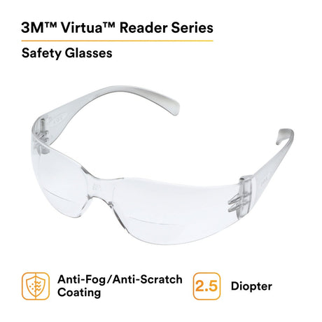 3M 11515-00000-20 Virtua Safety Glasses Reader Protective Eyewear, +2.5 Diopter, Anti-Fog Clear Lens, Clear Frame, ANSI Z87.1-2015 (7000127513)  - (20Pack) - 2