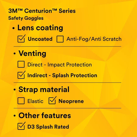 3M Centurion Splash Safety Goggles 454, Clear Lens, 40304-00000-10 (7000127565)  - (10Pack) - 7