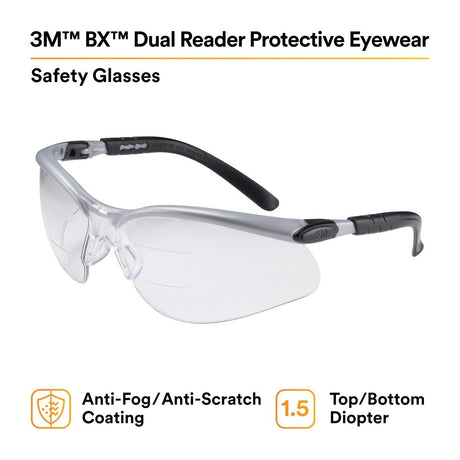 3M BX Dual Reader Safety Glasses, Clear Anti Fog Lens, Gray Black Frame, 1.5 Diopter (7000127661)  - (20Pack) - 2