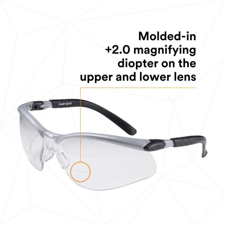 3M 11458-00000-20 BX Dual Reader Protective Safety Glasses, +2.0 Diopter, Anti-Fog Clear Lens, Silver/Black Frame (7000127662)  - (20Pack) - 3
