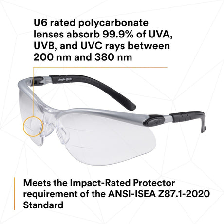 3M 11458-00000-20 BX Dual Reader Protective Safety Glasses, +2.0 Diopter, Anti-Fog Clear Lens, Silver/Black Frame (7000127662)  - (20Pack) - 7