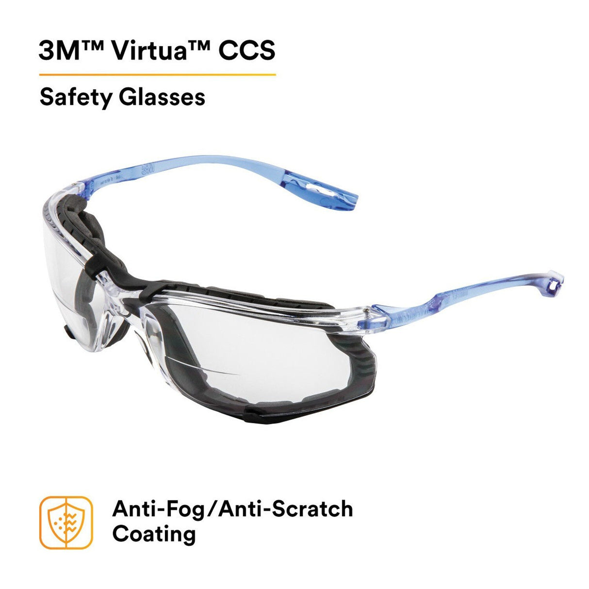 3M 11872 Virtua Safety Glasses, Anti-Fog, Clear Lens, Blue Frame, Removable Foam Gasket, Cord Control System, ANSI Z87 (7000128259)  - (20Pack) - 4