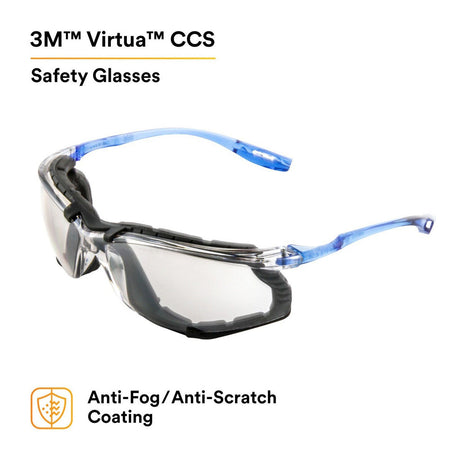 3M 11874-00000-20 Virtua Safety Glasses CCS Anti-Fog Indoor/Outdoor Mirrored Lens Blue Frame Removable Foam Gasket ANSI Z87.1 (7000128261)  - (20Pack) - 5