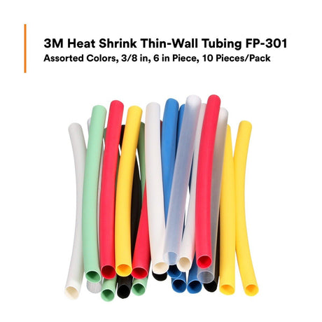 3M FP0.375AS6P Heat Shrink Tubing Assortment Pack FP-301 Thin Wall Polyolefin 2:1 600V Assorted Colors 3/8 in x 6 in Pieces (7000132602) (140 Pack) - 2