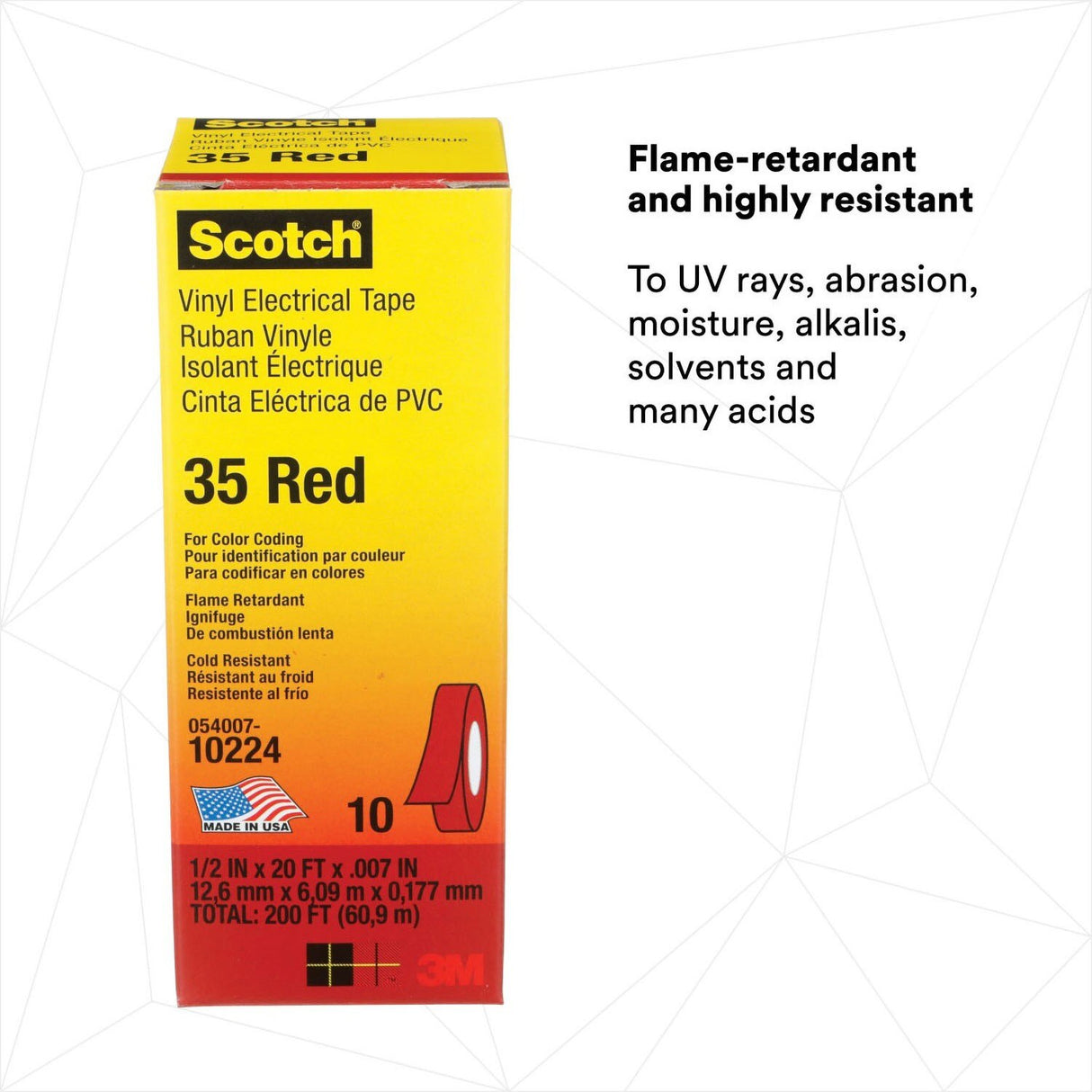 3M Scotch Vinyl Color Coding Electrical Tape 35, Red, 1/2 in x 20 ft, 7 mil (35-1/2X20FT-RD) (7000132636) (10 Pack)  - (10Pack) - 3