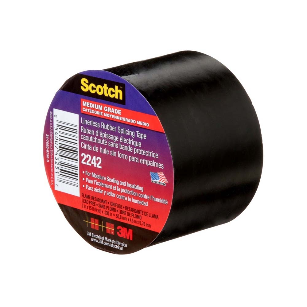 3M 2242-2X15FT Linerless Electrical Rubber Tape 2242, Black, General Purpose Self-Fusing Insulating Tape (7000132759) (8 Pack) - 2